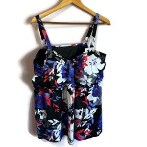 NWT SWIMSUITS FOR ALL Black Floral Plus Tankini Adjustable Straps Size 26
